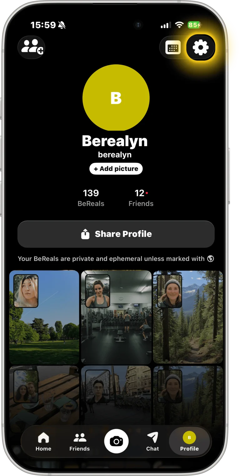 BeReal profile screen — tap gear icon